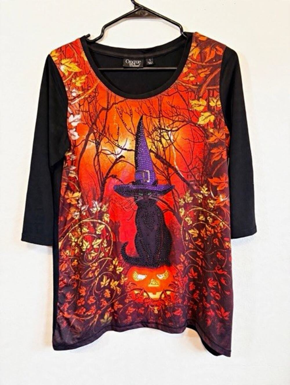 Onque Casual Black Halloween Black Cat Graphic Round Neck 3/4 Sleeve Tee S